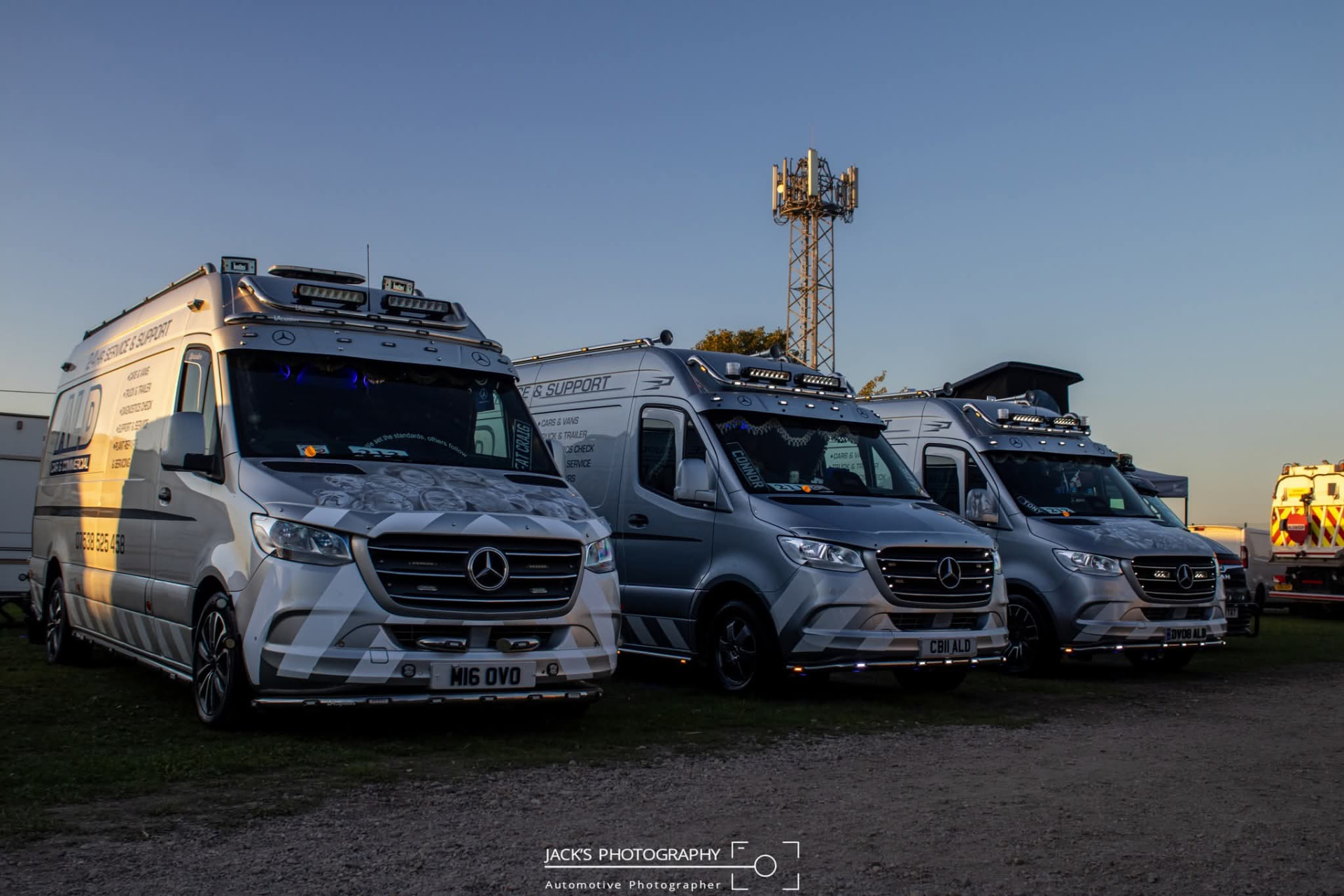Part of the ALD Car & Commercial fleet of Mercedes Sprinter service vans parked up in evening light